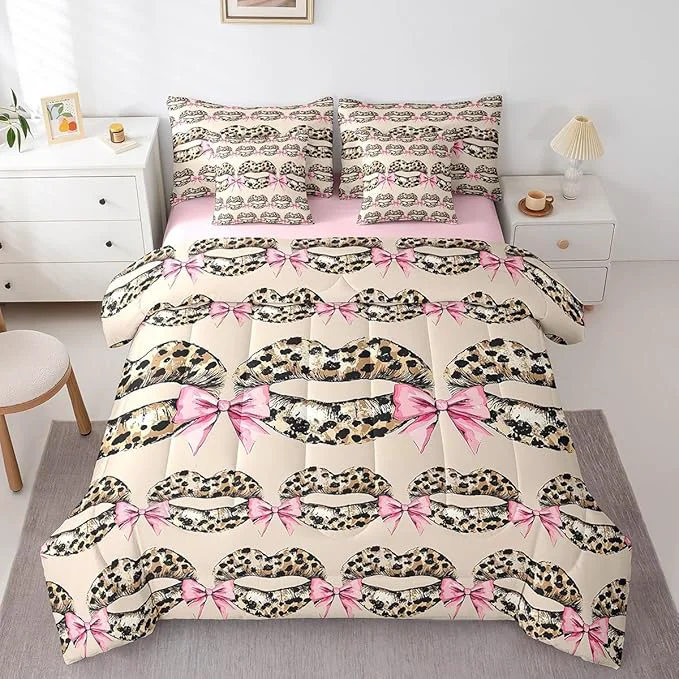 Fast jejeloiu Leopard Kiss Lips Bedding Set 7Pcs King Size Kids Pink Bow Comforter Set with Sheets for Boys Girls Vintage Bed in a Bag Soft Lightweight Microfiber Organic