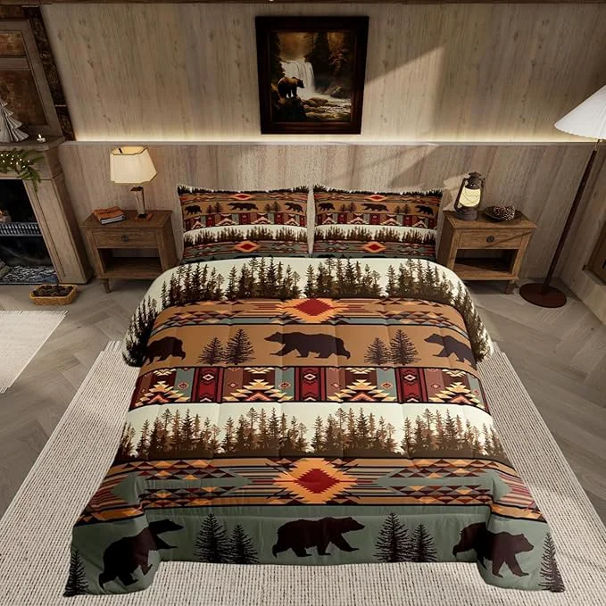 Relaxed Feelyou Boho Comforter Set Queen Size Bear Comforter for Boys Girls Teens Rustic Bedding Set Cabin Duvet Set Room Decor Olive Brown Quilt Set Fine