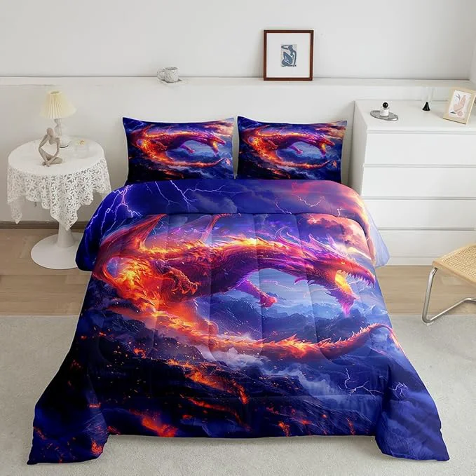 Safe Fire Dragon Comforter Set King Size Galaxy Starry Sky Flame Dragon Bedding Set 3Pcs Kids Girls Boys Teens Room Decor Western al Style Quilt Set Lightning Wild Animals Duvet Insert 2 Pillowcases Secure