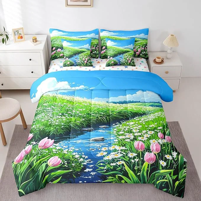 Original Design jejeloiu Cute Anime Floral Bedding Set 7Pcs Full Size Kids Tulip Floral Comforter Set with Sheets for Boys Girls Flower River Bed in a Bag Soft Lightweight Microfiber Classic