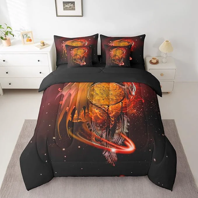 Environmentally Friendly Erosebridal Gothic Dragon Dream Catchers Bed in a Bag Queen Comforter Set 7 Piece Orange Galaxy Bohemian Feather Bedding Sets Antique Animal Pterosaur Sheet Set with Comforter Consistent