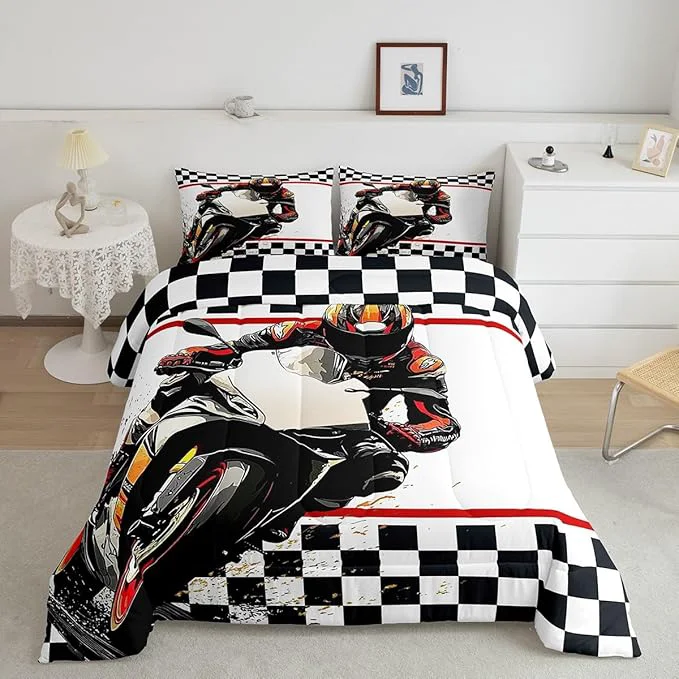 Expertly Made Feelyou Dirt Bike Comforter Set Toddler Size Racing Motocross Rider Comforter for Boys Girls Teens Extreme Sports Bedding Set Flag Duvet Set Room Decor Off White Quilt Set Stylish