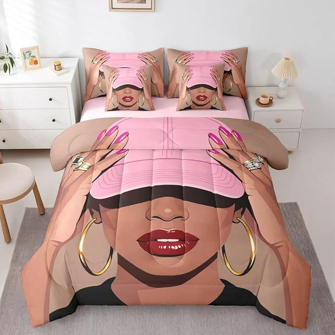 Enhanced Erosebridal Black Girls Queen 7 Piece Bedding Set Fashion Black Woman Comforter Sets for Kids Vogue Fashionable Gorgeous Sheet Set African Princess al Bed in A Bag with Flat and Fitted Sheet Healthy