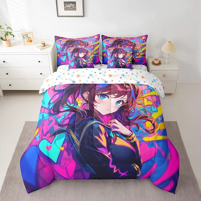 Convenient Erosebridal Anime Girl Full Comforter Set 7 Piece Japanese Anime Bedding Set for Kids Girls Teens Adult Bedroom Cartoon Girl Bed in A Bag Kawaii Japanese Animation Sheet Set Purple Contemporary