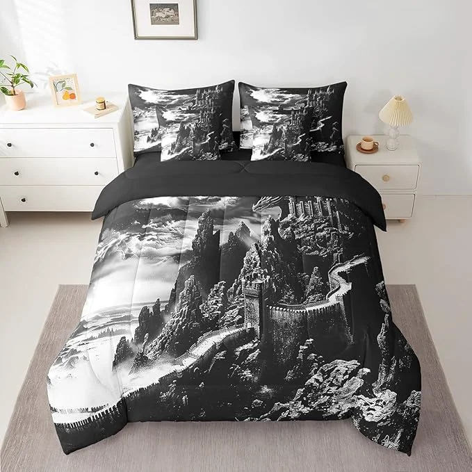 Sophisticated Erosebridal Gothic Dragon Bed in a Bag Queen Comforter Set 7 Piece Vintage Mythical Animal Bedding Sets Fantasy Castle Dark Sky Sheet Set with Comforter Safe