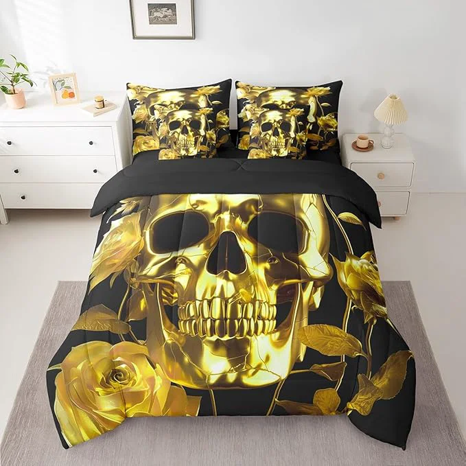 Verified Erosebridal Gold Sugar Skull Bed in a Bag Queen Comforter Set 7 Piece Gothic Skeleton Bedding Sets Rose Flowers Sheet Set with Comforter Premium Material