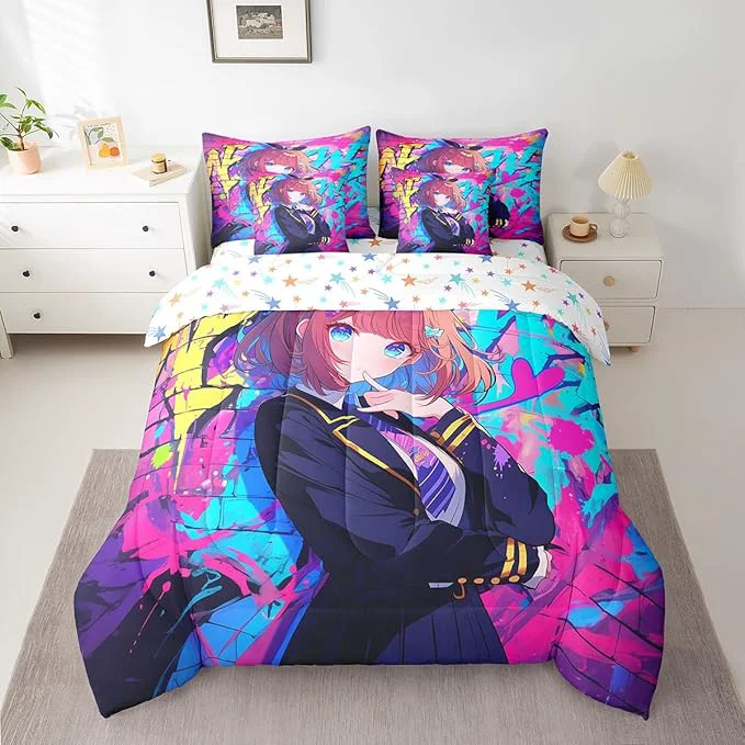 Genuine Erosebridal 7 Piece Girls Japanese Anime Comforter Set Queen Kawaii Anime Girl Bedding Sets Cartoon Girl Sheet Set for Kids Teens Adult Room Decor Japanese Animation Sci Fi Style Bed in A Bag Exclusive