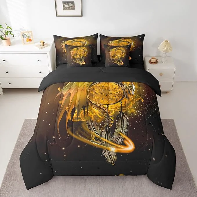Outstanding Erosebridal Gothic Dragon Dream Catchers 7 Piece Comforter Set Full Bed in a Bag Yellow Galaxy Bohemian Feather Bedding Sets Antique Animal Pterosaur Sheet Set with Comforter Environmentally Friendly