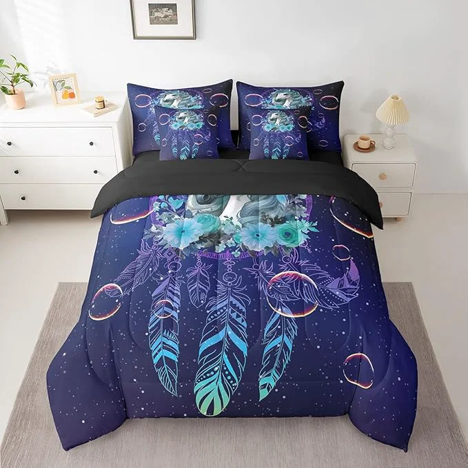 Long-Lasting Unicorn Bed in a Bag King Size Comforter Set 7 Pieces Dream Catchers Feather Bedding Sets Dreamy Horse Animal Sheet Set with Comforter Original