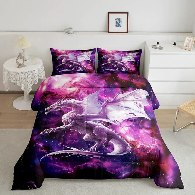 Selected Flying Dragon Comforter Set King Size Galaxy Outer Space Bedding Set for Kids Boys Teens Adults Room Decor Starry Sky Western al Animal Duvet Insert 3Pcs Nebula Glitter Quilt Set 2 Pillowcases Consistent