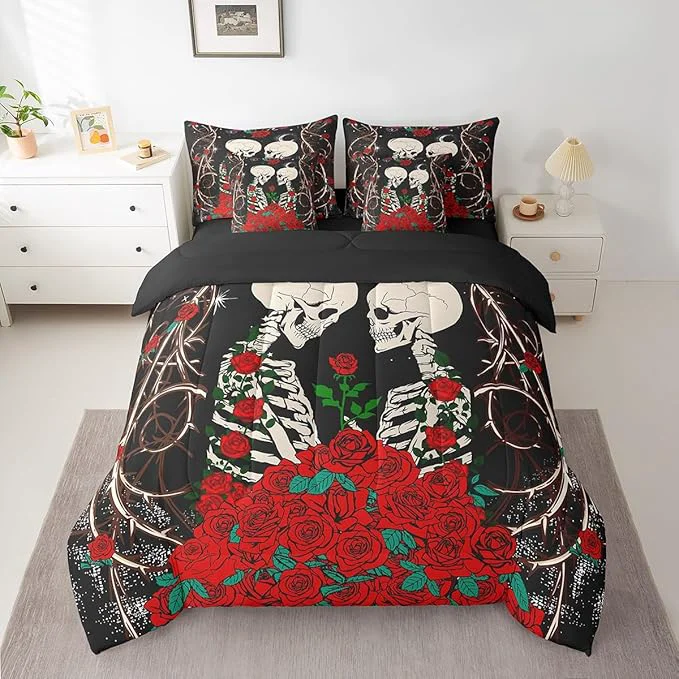 Detailed Erosebridal Sugar Skull Comforter Set 7 Piece Bed in a Bag Twin Gothic Bone Skeleton Halloween Decorations Bedding Sets Red Rose Sheet Set with Comforter Excellent