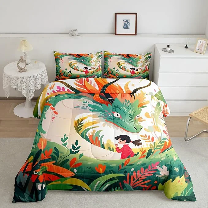 First-Class Dragon Cute Girl Comforter Set Queen Size Cartoon Floral Green Weed Bedding Set for Kids Boys Teens Room Decor Colorful Flower Animals Duvet Insert 3Pcs Watercolor Fantasy Quilt Set 2 Pillowcases Verified