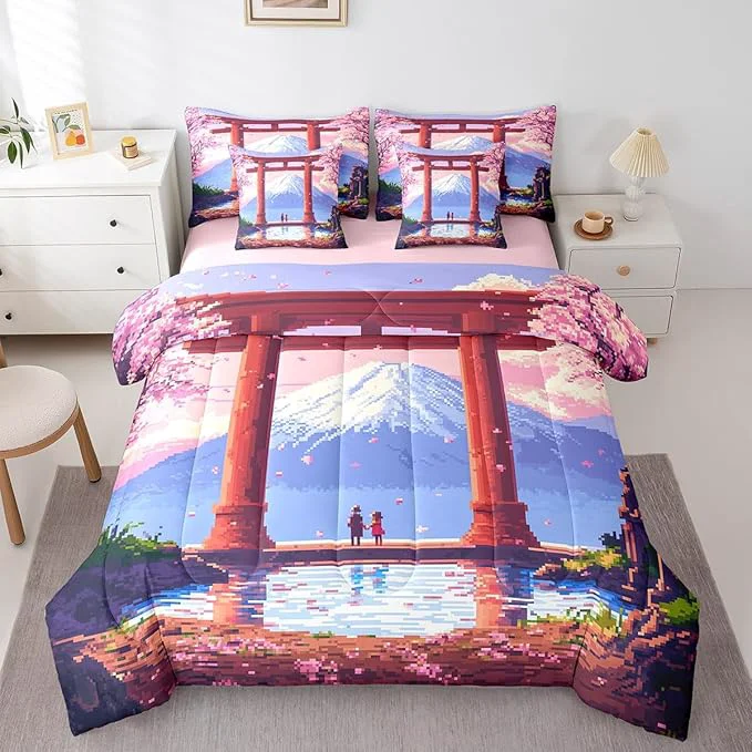 Easy-to-Use jejeloiu Pink Japan Bedding Set 7Pcs King Size Kids Anime Mount Fuji Comforter Set with Sheets for Boys Girls Pixel Bed in a Bag Soft Lightweight Microfiber Fashionable