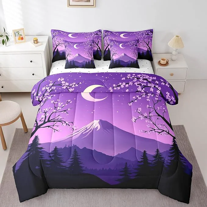 Stylish jejeloiu Japanese Purple Bedding Set 7Pcs Full Size Kids Mount Fuji Comforter Set with Sheets for Boys Girls Cherry Blossom Bed in a Bag Soft Lightweight Microfiber Next-Generation