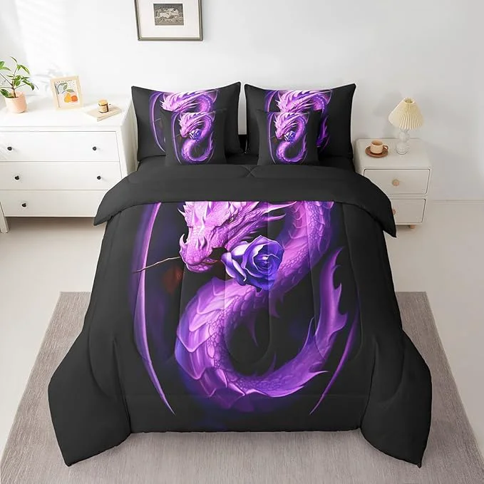 Green Erosebridal Gothic Dragon Bed in a Bag Queen Comforter Set 7 Piece Purple Rose Bedding Sets Prehistoric Animal Flowers Sheet Set with Comforter Authentic