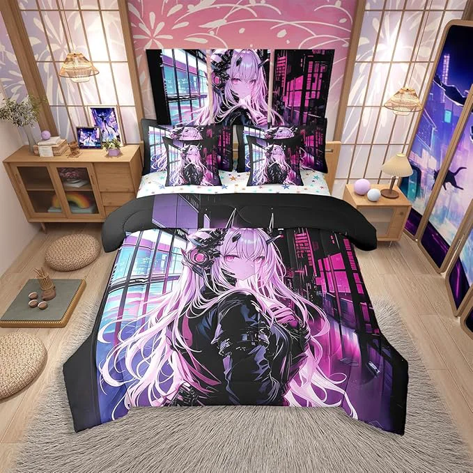 Convenient Erosebridal Japanese Anime 7 Piece Comforter Set Queen Size Anime Girl Bed in A Bag Kawaii Japanese Style Bedding Set Cartoon Japan Animation Bed Set for Boys Teens Adult Women Bedroom Decor Outstanding