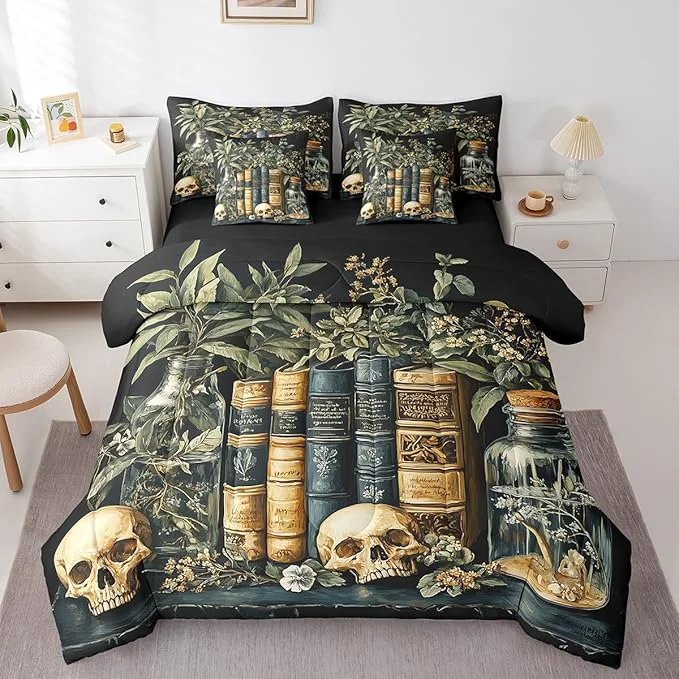 Artisan jejeloiu Dark Academia Bedding Set 7Pcs Full Size Kids Skull Mystical Comforter Set with Sheets for Boys Girls Goth Bed in a Bag Soft Lightweight Microfiber Verified