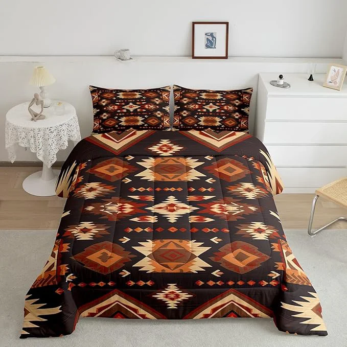 Exclusive Feelyou Geometric Comforter King Size Modern Art Comforter Set for Boys Girls Children Luxury Bedding Set Room Decor Brown Duvet Set Classic