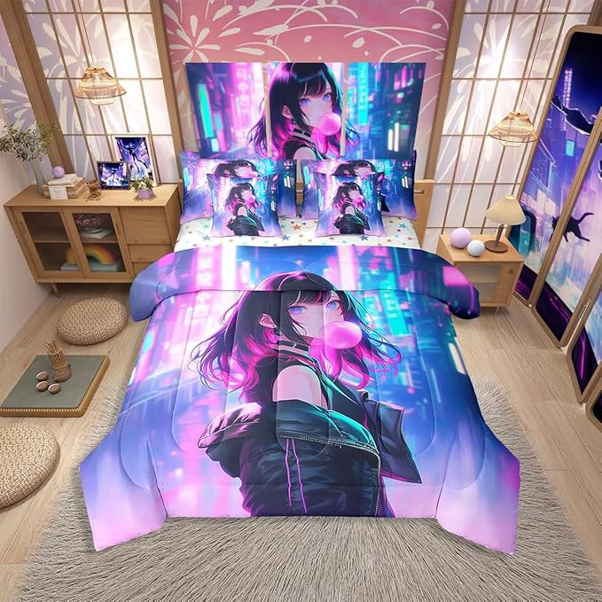 Sophisticated Erosebridal 7 Piece Anime Girl Comforter Set with Sheet Full Size Kawaii Japanese Anime Bedding Set for Kids Boys Teens Adult Women Cartoon Girl Bed in a Bag Japan Animation Bedroom Decor Optimized
