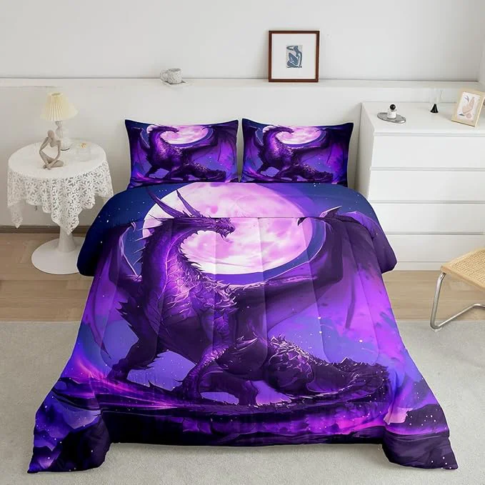 High-End Purple Dragon Comforter Set Full Size 3D Moon Starry Sky Glitter Bedding Set for Kids Boys Girls Room Decor Wild Animal Print Quilt Set Flying al Dragon Trippy Duvet Insert 3Pcs 2 Pillowcases World-Class