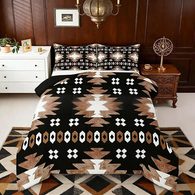 Solid Feelyou Boho Comforter Set Twin Size Southwest Native American Design Comforter Southwestern Geometric Bedding Set Western Decor Duvet Set Room Decor Brown Balck Quilt Set Minimalist
