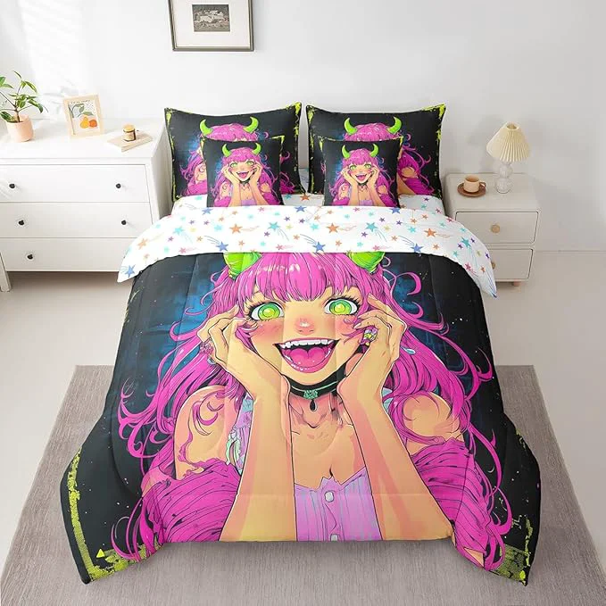 Casual Erosebridal Anime Girl Bedding Set Twin Size 7 Piece Bed in A Bag Japanese Anime Comforter Set for Kids Boys Teens Bedroom Decor Cartoon Girl Sheet Set Kawaii Japanese Animation Bed Set Unique