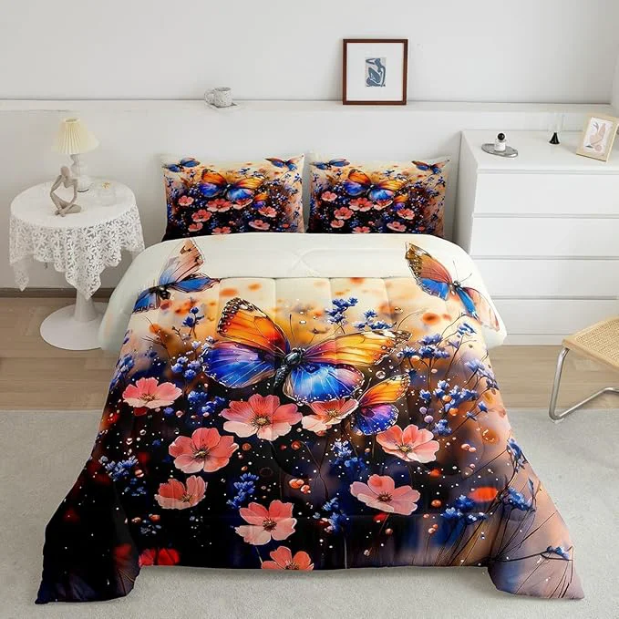 Exclusive Feelyou Butterfly Comforter Set Full Size Butterflies Print Comforter for Boys Girls Teens Animal Bedding Set Butterfly Floral Duvet Set Room Decor Blue Purple Quilt Set Organic
