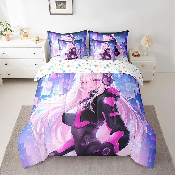 Professional Erosebridal Queen Anime Girl Bedding Set 7 Piece Kawaii Japanese Anime Comforter Sets Cartoon Girl Sheet Set Sci Fi Style Japanese Animation Bed in A Bag for Kids Girls Teens Adult Women Room Artisan