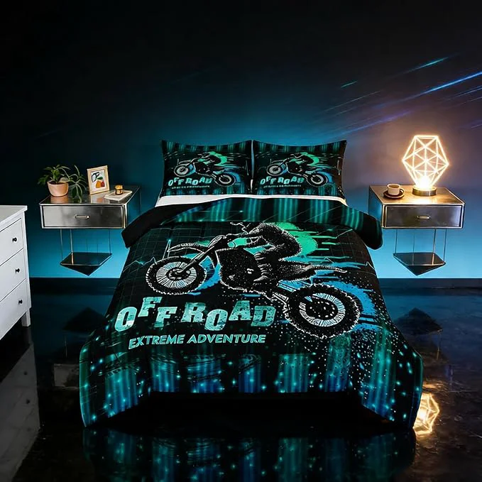 Efficient Feelyou Dirt Bike Comforter Set King Size Extreme Sports Comforter Racing Motocross Rider Bedding Set Motorcycle Duvet Set Room Decor Blue Green Quilt Set Prestigious