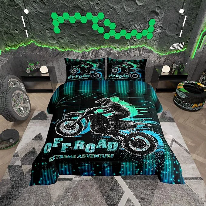 High-Grade Feelyou Dirt Bike Comforter Set Toddler Size Extreme Sports Comforter Racing Motocross Rider Bedding Set Motorcycle Duvet Set Room Decor Blue Green Quilt Set Responsible