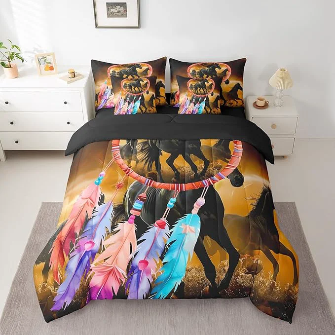 Original Erosebridal Horse 7 Piece Comforter Set Full Bed in a Bag Dream Catchers Feather Bedding Sets Western Animals Sheet Set with Comforter Carefully Designed