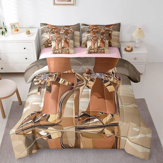 Lightweight Erosebridal High-Heels Girlish Girls 7 Piece Bedding Set King Size Romantic Fashion Comforter Sets Fashionable Gorgeous Sheet Set for Kids Children Women Bedroom Modern Minimalist Gold Bed in A Bag Safe