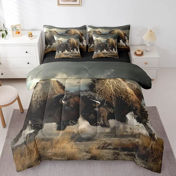 Breathable Erosebridal Indian Bison 7 Piece Comforter Set Full Bed in a Bag Bullfight Competitive Sports Bedding Sets Bull Western Animals Sheet Set with Comforter Artisan