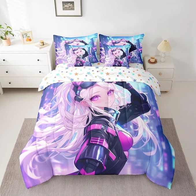 Traditional 7 Piece Girls Japanese Anime Bedding Set Full Kawaii Anime Girl Comforter Sets Cartoon Girl Bed In A Bag For Kids Teens Adult Women Japanese Animation Sci Fi Style Sheet Sets With Comforter Green