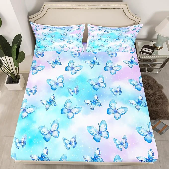 Artisan Erosebridal Pink Blue Butterfly Sheets for Boys Girls Watercolor 3D Printed Fitted Sheet Purple Colorful Rainbow Kids Bedding Sets Fantasy Dreamy Princess Bed Sets Queen 3 Piece Fine Crafted
