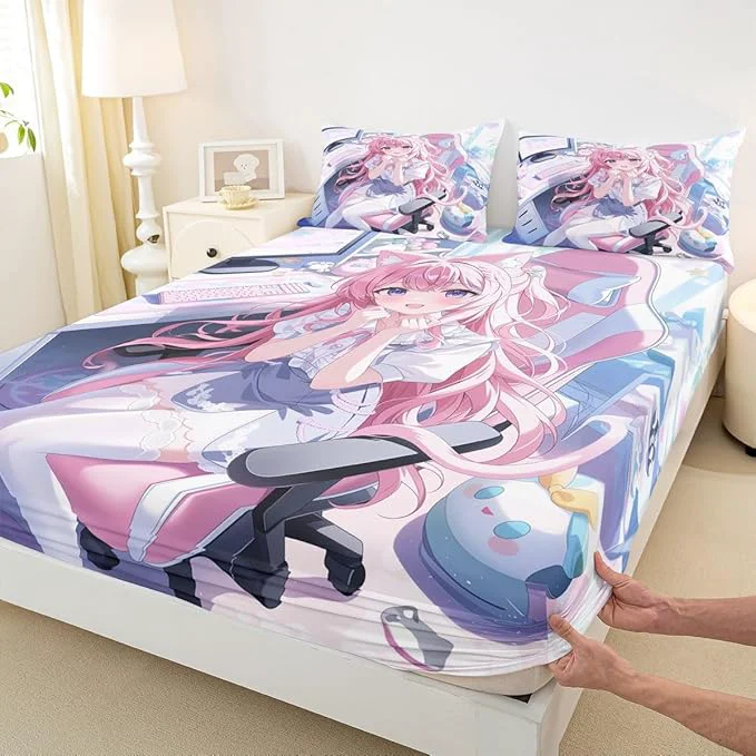 Eco-Friendly Erosebridal Kawaii Japanese Girl Fitted Sheet for Boys Girls Kids Cartoon Anime Full Bed Sheets Girls Gamer Sheets 3D Japanese Style Bedding Sets No Top Sheet Durable