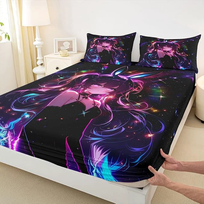 Next-Generation Erosebridal Cute Bunny Girls Queen Bed Sheets Japanese Anime Girl Fitted Sheet Cartoon 3D Kids Bedding Sets al Neon Stars Sheets with 2 Pillowcases Functional