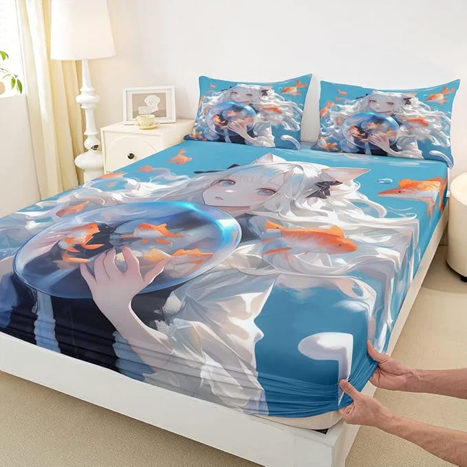 Fast Japanese Girl Fitted Twin 2Pcs Anime Printed Design Bedding Sets Kawaii Girls Boys Decorations Sheets No Top Sheet Green