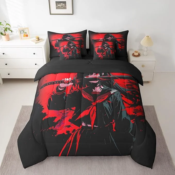Solid Erosebridal Japanese Anime Bedding Set 7 Piece for Kids Anime Girl Comforter Sets Twin Size Japanese Girl Sheet Set for Girls Teens Adult Kawaii Animation Red Black Bed in A Bag Machine Washable Elegant