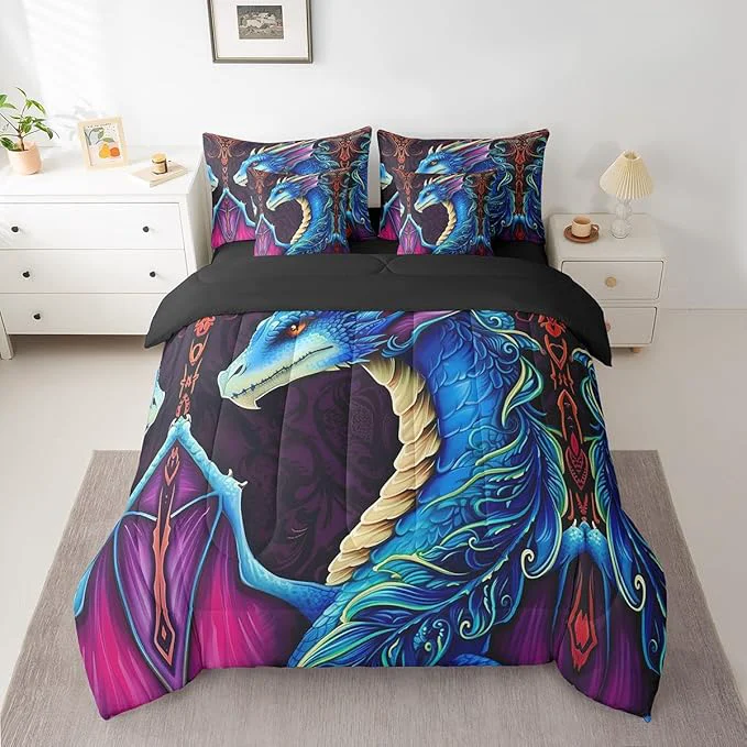 Dependable Erosebridal 3D Dragon Bed in a Bag King Size Comforter Set 7 Pieces Vintage Gothic Blue Dragon Bedding Sets Antique Wildlife Mythical Animal Sheet Set with Comforter High-End