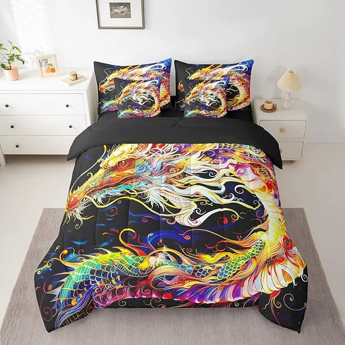 Reusable Erosebridal 3D Dragon Bed in a Bag King Size Comforter Set 7 Pieces Watercolor Dragon Scale Bedding Sets Antique Mythical Animal Gothic Sheet Set with Comforter Verified