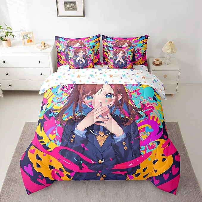 Natural Erosebridal Anime Girl Twin Bedding Set 7 Piece Japanese Anime Comforter Set for Kids Girls Teens Adult Bedroom Cartoon Girl Comforter Sets with Sheet Kawaii Japanese Animation Bed in A Bag World-Class