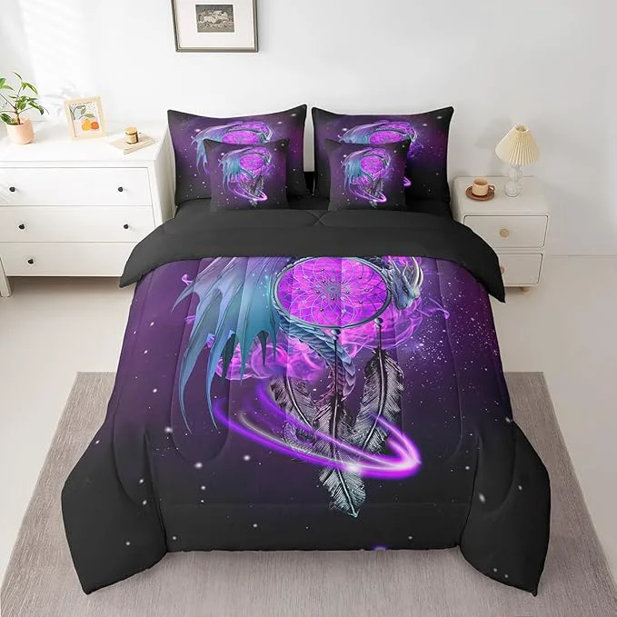 Solid Erosebridal Gothic Dragon Dream Catchers Bed in a Bag Queen Comforter Set 7 Piece Purple Galaxy Bohemian Feather Bedding Sets Antique Animal Pterosaur Sheet Set with Comforter Natural