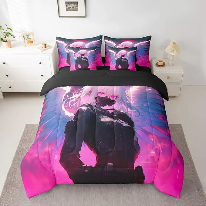 Enhanced Erosebridal Queen Japanese Anime Bed in A Bag Anime Girl Comforter Set with Sheets for Kids Girls Teens Men Bedroom Decor Cartoon Girl 7 Piece Bedding Set Kawaii Japanese Animation Bed Sets Official