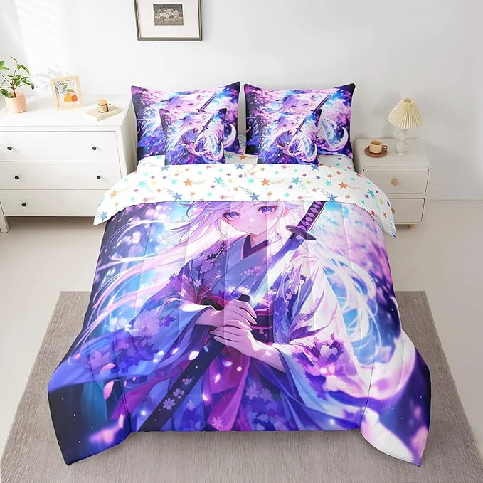 Verified Erosebridal 7 Piece Anime Girl King Comforter Sets for Kids Kawaii Japanese Anime Bedding Set Cartoon Girl Bed in A Bag Sci Fi Style Japanese Animation Sheet Set for Kids Girls Teens Bedroom High-Grade