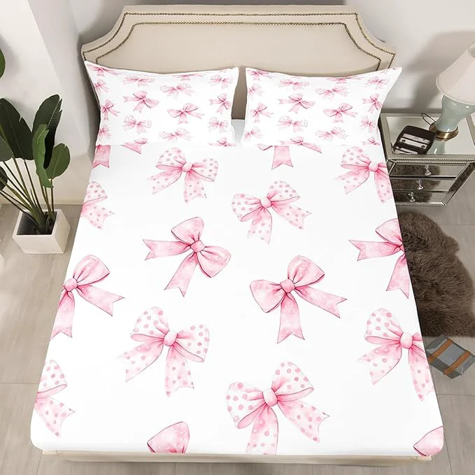 Responsible Erosebridal Pink Bow Fitted Sheet Queen Coquette Bowknot Bed Sheets for Boys Girls Princess Girls Ribbon Bowtie Bed Set Watercolor Cute Sheets with 2 Pillowcases Fine Crafted