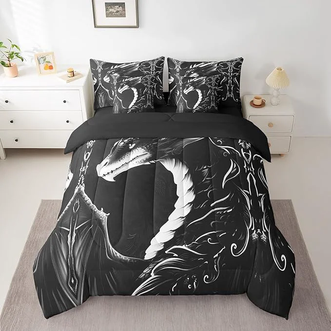 Stylish Erosebridal 3D Dragon Bed in a Bag Queen Comforter Set 7 Piece Vintage Gothic White Black Dragon Bedding Sets Antique Wildlife Mythical Animal Sheet Set with Comforter Easy-to-Use