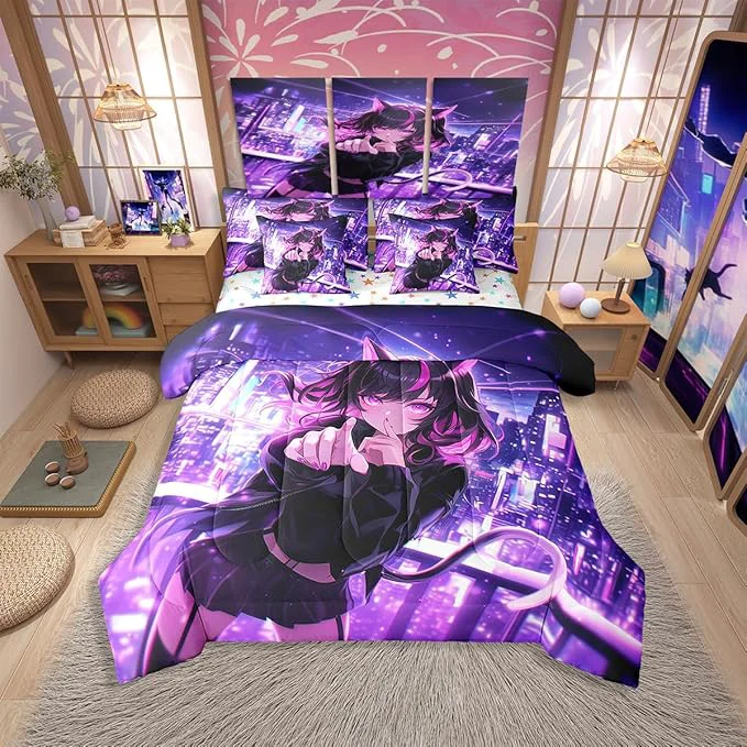 Verified Erosebridal Kids Anime Girl King Comforter Set 7 Piece Japanese Anime Bed in A Bag Cartoon Girl Bedding Comforter Sets for Boys Teens Bedroom Decor Kawaii Japanese Animation Bed Set Traditional
