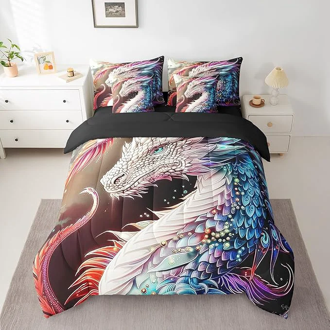 Excellent Erosebridal Colourful Dragon 7 Piece Comforter Set Full Bed in a Bag Gothic Artistic Mythical Animal Bedding Sets Antique Wildlife Sheet Set with Comforter Versatile
