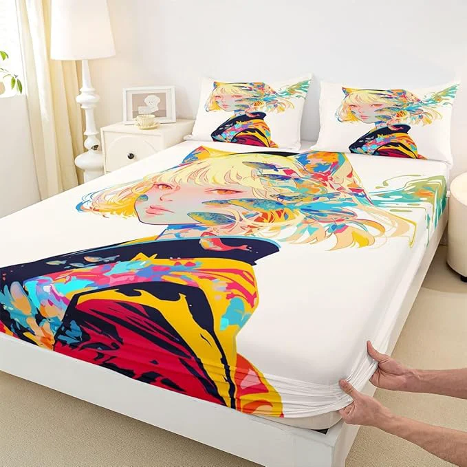 Casual 3D Anime Bed Sheets Japanese Girl Style Bed Set Queen for Cartoon Fans Fitted Sheet Kawaii Anime Design Pattern Sheets with 2 Pillow Cases Anime Gifts for Girls Anime Lover Professional